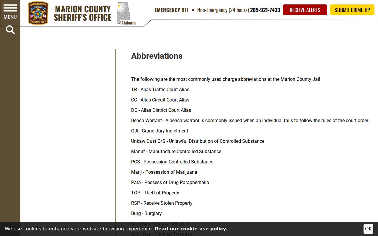 Marion County jail glossary showing bench warrant and alias labels