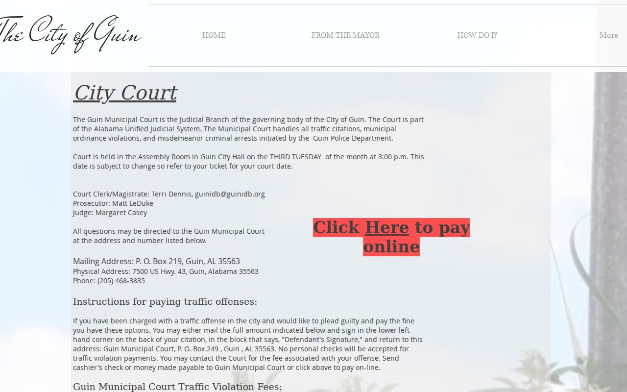Guin Municipal Court jurisdiction, schedule, payment rules, and warrant warning