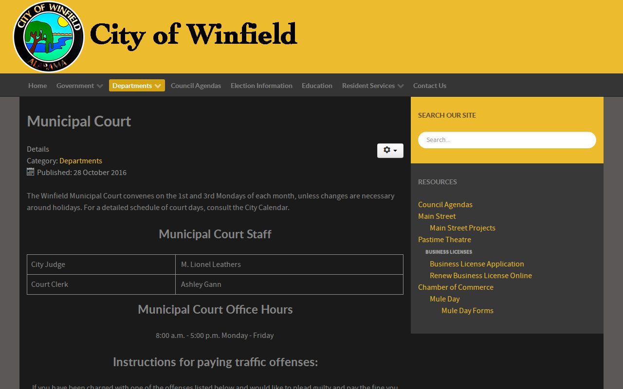 Winfield Municipal Court hours, mail payment terms, and failure-to-appear warning