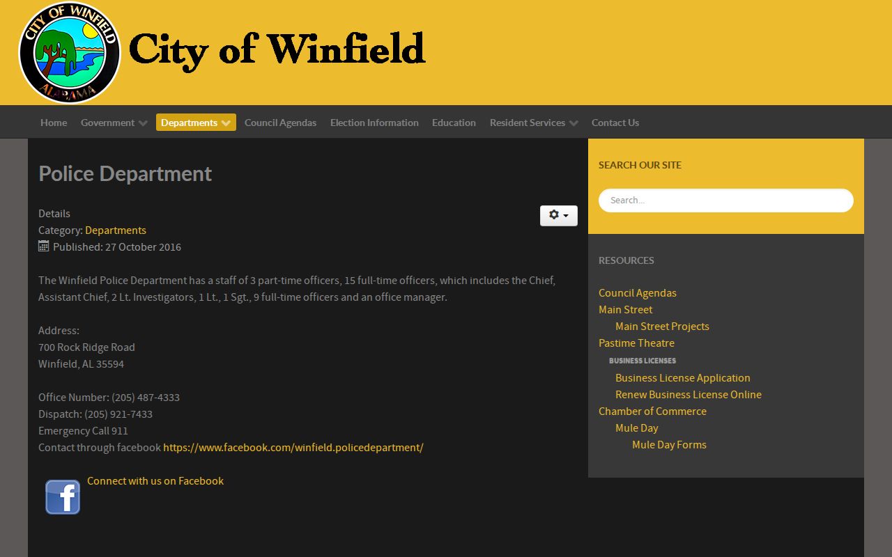 Winfield city department directory listing Municipal Court and Police