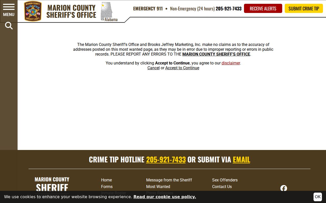Marion County warrant records official Most Wanted disclaimer