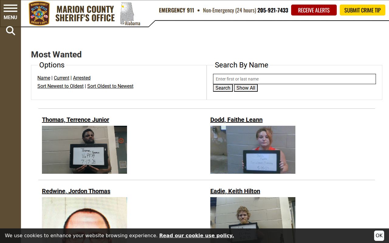 Marion County warrant records Most Wanted search controls